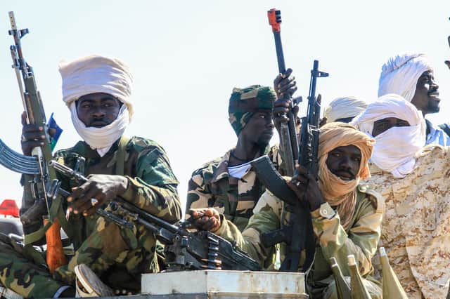 Fighters of the Sudan Liberation Movement, a rebel group active in Darfur which supports army chief Abdel Fattah al-Burhan against the Rapid Support Forces