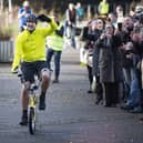 Paddy McGuinness celebrates reaching Glasgow after his 300-mile journey from Wrexham on a Raleigh Chopper (Picture: John Devlin)