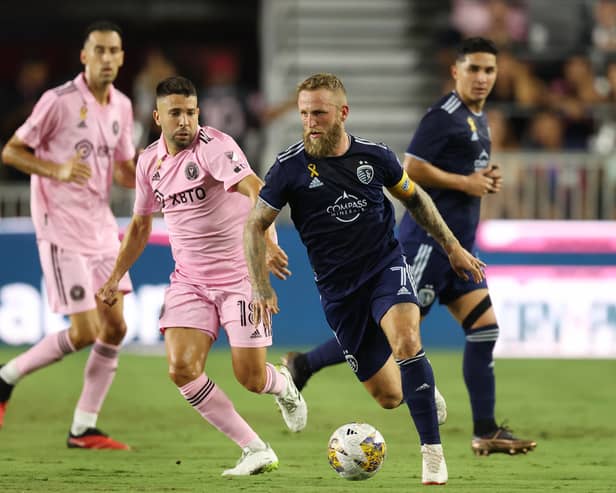 Sporting Kansas' Johnny Russell up against Jordi Alba of Inter Miami in an MLS match last year. (Photo by Cliff Hawkins/Getty Images)