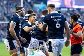 Scotland players celebrate Will Hurd's first try of the match in the win over Portugal. (Photo by Paul Devlin / SNS Group)