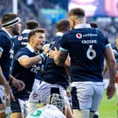 Scotland players celebrate Will Hurd's first try of the match in the win over Portugal. (Photo by Paul Devlin / SNS Group)