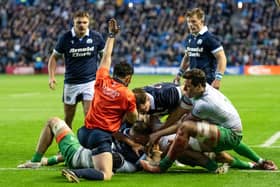 Scotland's Jamie Bhatti scores his side's sixth try of the victory over Portugal at Murrayfield. (Photo by Paul Devlin / SNS Group)