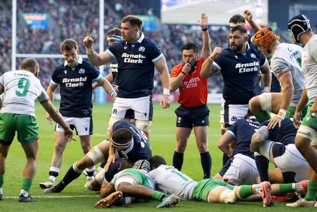 Will Hurd, partially hidden, scores Scotland's first try in the 59-21 win over Portugal at Scottish Gas Murrayfield.