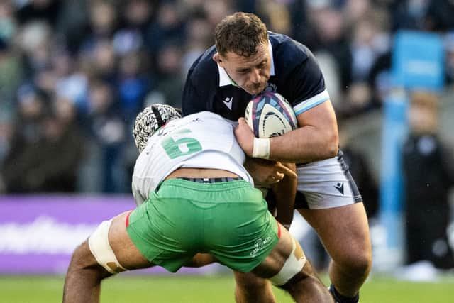 Scotland's Will Hurd takes on Portugal's Andre Cunha during the autumn Test at Murrayfield.