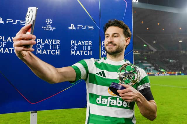 Celtic's Nicolas Kuhn with the player of the match award following the Champions League win over RB Leipzig. (Photo by Craig Williamson / SNS Group)