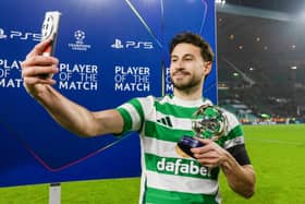 Celtic's Nicolas Kuhn with the player of the match award following the Champions League win over RB Leipzig. (Photo by Craig Williamson / SNS Group)