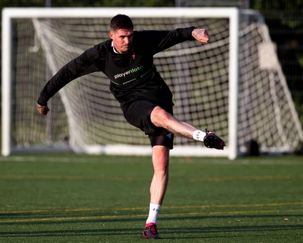 Former Rangers and Northern Ireland striker Kyle Lafferty during a Johnstone Burgh training session, on July 14, 2023, in Johnstone, Scotland.  (Photo by Craig Williamson / SNS Group)