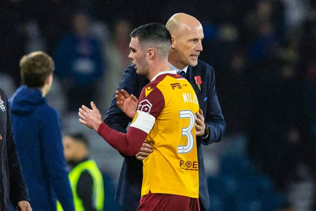 Rangers head coach Philippe Clement and Motherwell midfielder Lennon Miller. Cr: SNS Group.