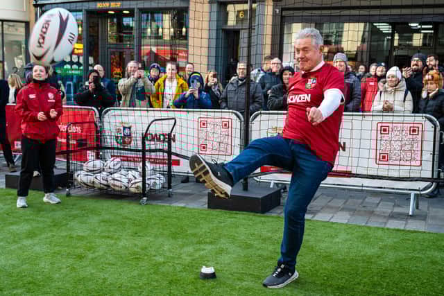 Gavin Hastings shows he's lost none of his kicking prowess at an event in Edinburgh to launch the new Lions jersey with principal partner, Howden.