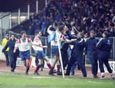 Scott Nisbet (2) takes the acclaim from Archie Knox and the Rangers players after scoring with a fortuitous effort against Club Brugge in 1993.