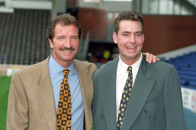 Graeme Souness (left) returned to Ibrox to give his best wishes to Scott Nisbet at his testimonial in 1995.