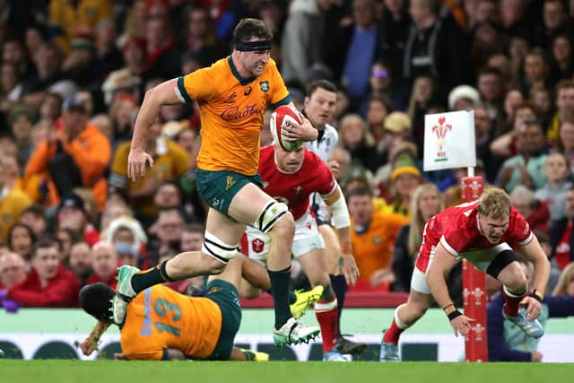 Nick Frost of Australia breaks clear to score their second try during the Autumn Nations Series win over Wales in Cardiff. (Photo by David Rogers/Getty Images)
