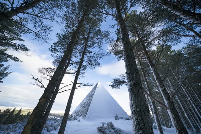 The Prince Albert Cairn, built in 1862 by Queen Victoria, near Balmoral, Aberdeenshire, is surrounded by snow and ice. Picture: PA