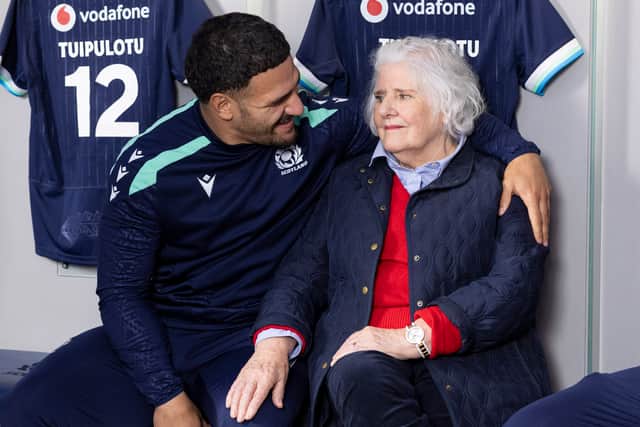 Sione Tuipulotu with his grandmother, Jacqueline Thomson, who made a surprise visit to Scotland.