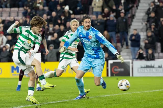 Kyogo Furuhashi opened the scoring at Tynecastle on his 150th Celtic appearance.