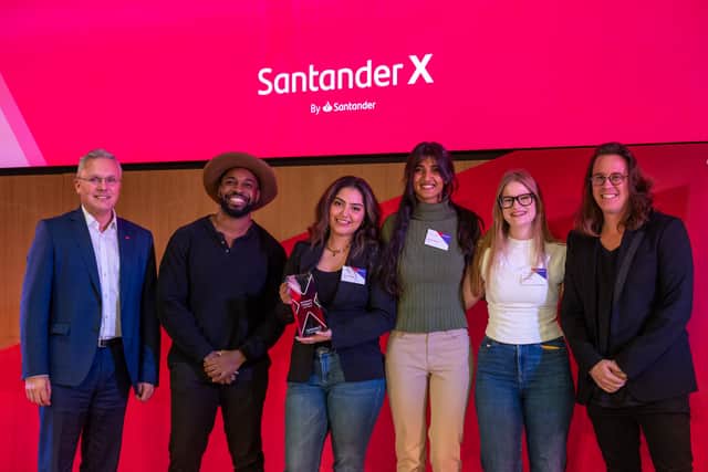 Santander UK CEO Mike Regnier with Elfried Samba, Even founders Aurusha Kharas, Anushka Mahesh, Sarah Bailey and Gener8 founder Sam Jones