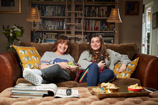 Lorraine Kelly with her daughter Rosie and dog, on Channel 4’s Celebrity Gogglebox. 