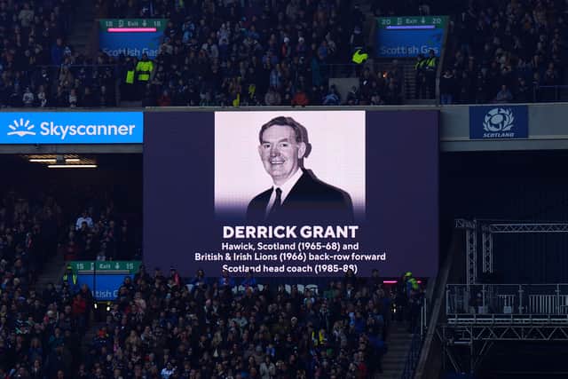 The big screen at Murrayfield shows a picture of Derrick Grant as a tribute is paid to the former Scotland player and coach before the match against Portugal.