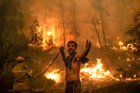 A local man on Evia island in Greece appeals for help after the water he's using to fight a wildfire near his home in 2021 stops flowing (Picture: Angelos Tzortzinis)