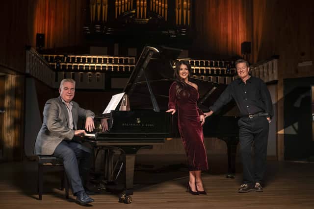 Monica McGhee (centre), a Scottish opera singer who feared losing her voice to cancer has teamed up with two other survivors to compose a song highlighting NHS wait times. She has collaborated with tenor Toby Spence (right) and pianist Lee Michael Walton (left) on a new operatic score called About Time. Picture: Daniel Lewis/PA Wire