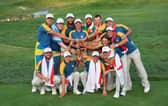 European captain Luke Donald celebrates with his players after winning the 2023 Ryder Cup in Rome.