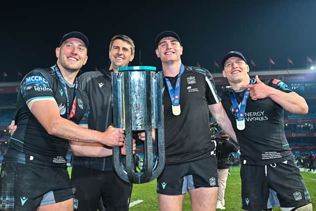 Stafford McDowall, second from right, with Glasgow Warriors team-mates Matt Fagerson and Rory Darge, and assistant coach Pete Murchie, after winning the URC.
