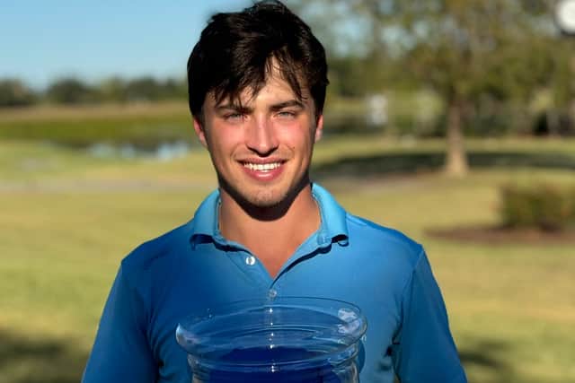 Sam Mukherjee shows off the trophy after winning the Sunshine State Men’s Amateur Championship in Florida