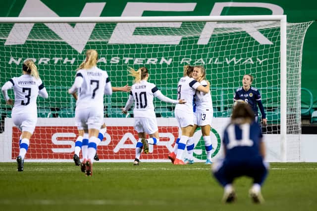 Finland's Amanda Rantanen celebrates the injury-time that ended Scotland's hopes of qualifying for Euro 2022 when the side's last met in qualification. Cr: SNS Group.