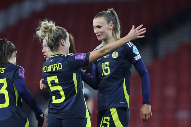 Scotland's Sophie Howard and Jenna Clark will hope to be celebrating again on Friday night against Finland. Cr: SNS Group.