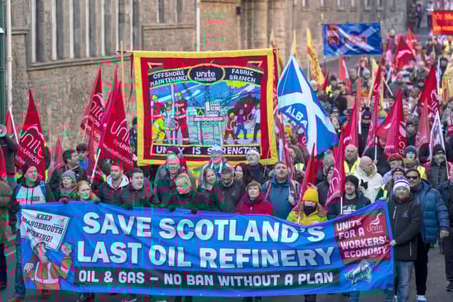 Unite marched down the Royal Mile in Edinburgh to campaign against the closure of the Grangemouth oil refinery. 