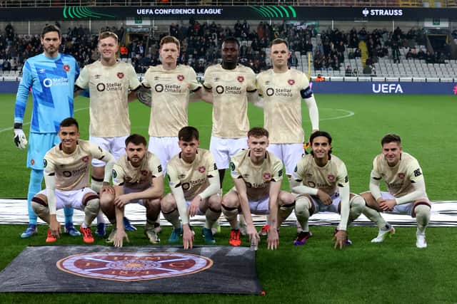 The Hearts team line up ahead of facing Cercle Brugge at the Jan Breydel Stadion.