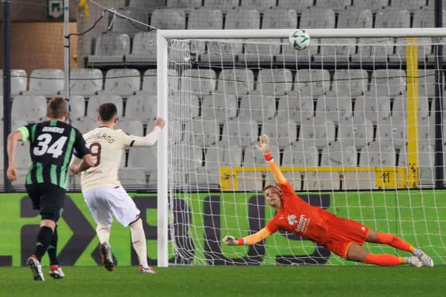 Lawrence Shankland's penalty goes over the bar against Club Brugge.