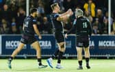 Glasgow Warriors' Ben Afshar, Stafford McDowall and Grant Stewart celebrate.