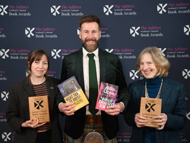 Ajay Close (right) & Jen Stout (left) receiving their awards from Coinneach MacLeod at Thursday night's Saltires Book of the Year Awards in Edinburgh. Picture: Greg Macvean