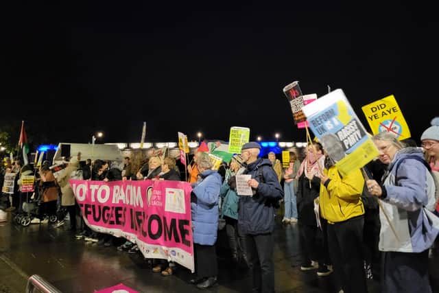 Anti-racism campaigners outside the Reform UK Scotland conference.