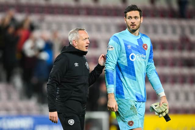 Hearts head coach Neil Critchley and goalkeeper Craig Gordon.
