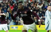 Hearts striker Musa Drammeh celebrates as his header deflects off Aberdeen's Nicky Devlin and into the net to make it 1-1. (Photo by Craig Foy / SNS Group)