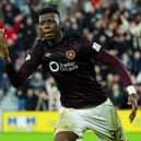 Hearts striker Musa Drammeh celebrates as his header deflects off Aberdeen's Nicky Devlin and into the net to make it 1-1. (Photo by Craig Foy / SNS Group)