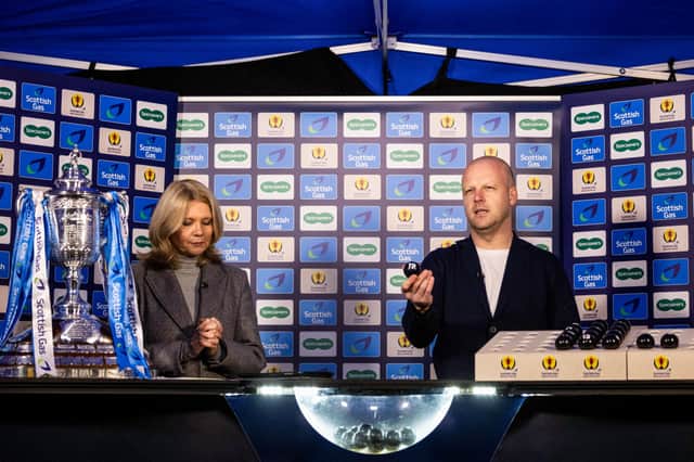 Steven Naismith (R) and Jane Lewis during the Scottish Cup Fourth Round draw after the third round match between East Kilbride and Falkirk at K Park. (Photo by Craig Foy / SNS Group)
