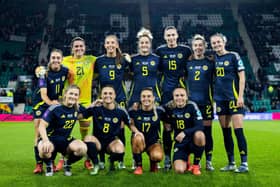 The Scotland team line-up ahead of the Euro 2025 play-off final 1st leg against Finland at Easter Road on Friday. (Photo by Ross Parker / SNS Group)