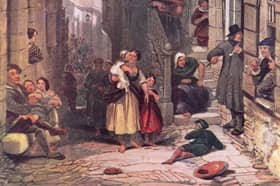 Dowie's Tavern, Libberton's Wynd by George Cattermole shows the Old Town street that disappeared and its most famous hostelry.
