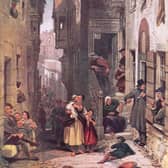 Dowie's Tavern, Libberton's Wynd by George Cattermole shows the Old Town street that disappeared and its most famous hostelry.