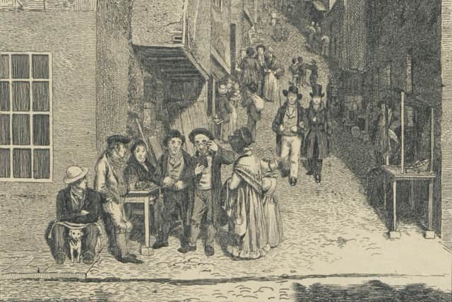 Libberton's Wynd from the Cowgate. The street vanished from view with the building of George IV Bridge in the 1830s.