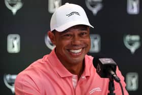 Tiger Woods smiles at a press conference in the Bahamas ahead of this week’s Hero World Challenge