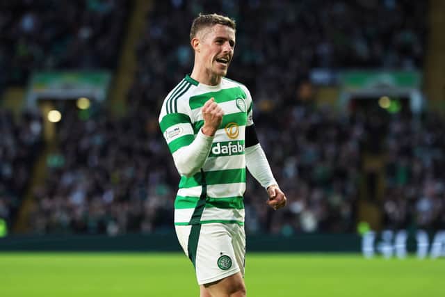 Celtic's Luke McCowan celebrates after scoring to make it 2-0 over Ross County at Celtic Park, on November 30, 2024, in Glasgow, Scotland. (Photo by Ross MacDonald / SNS Group)