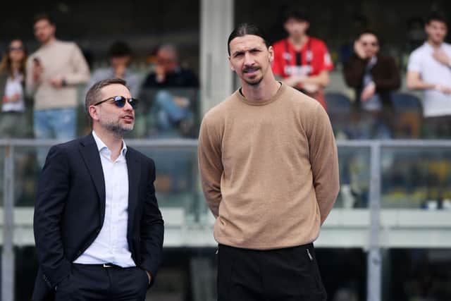 Giorgio Furlani, CEO of AC Milan interacts with club advisor Zlatan Ibrahimovic. Cr: Getty Images.