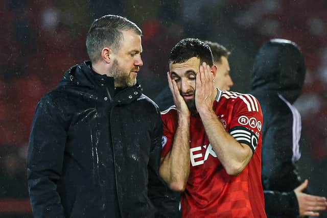 Aberdeen manager Jimmy Thelin with captain Graeme Shinnie after the 1-0 loss to Celtic at Pittodrie. (Photo by Craig Williamson / SNS Group)