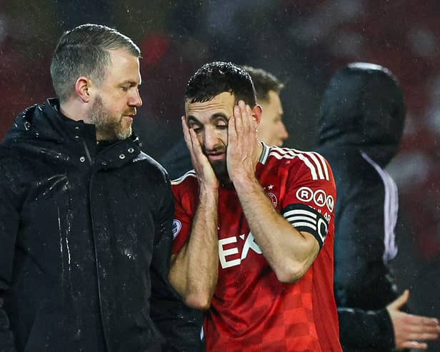 Aberdeen manager Jimmy Thelin with captain Graeme Shinnie after the 1-0 loss to Celtic at Pittodrie. (Photo by Craig Williamson / SNS Group)