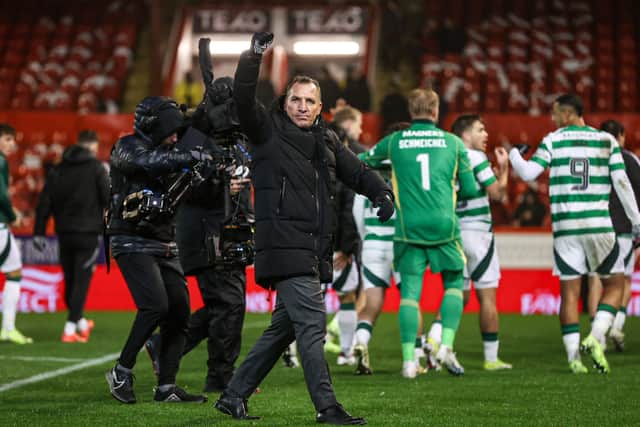 Celtic manager Brendan Rodgers celebrates at full time after the 1-0 win over Aberdeen at Pittodrie Stadium. (Photo by Craig Williamson / SNS Group)