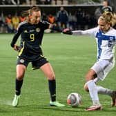 Caroline Weir (L) vies with Emma Koivisto of Finland. Cr: AP. 